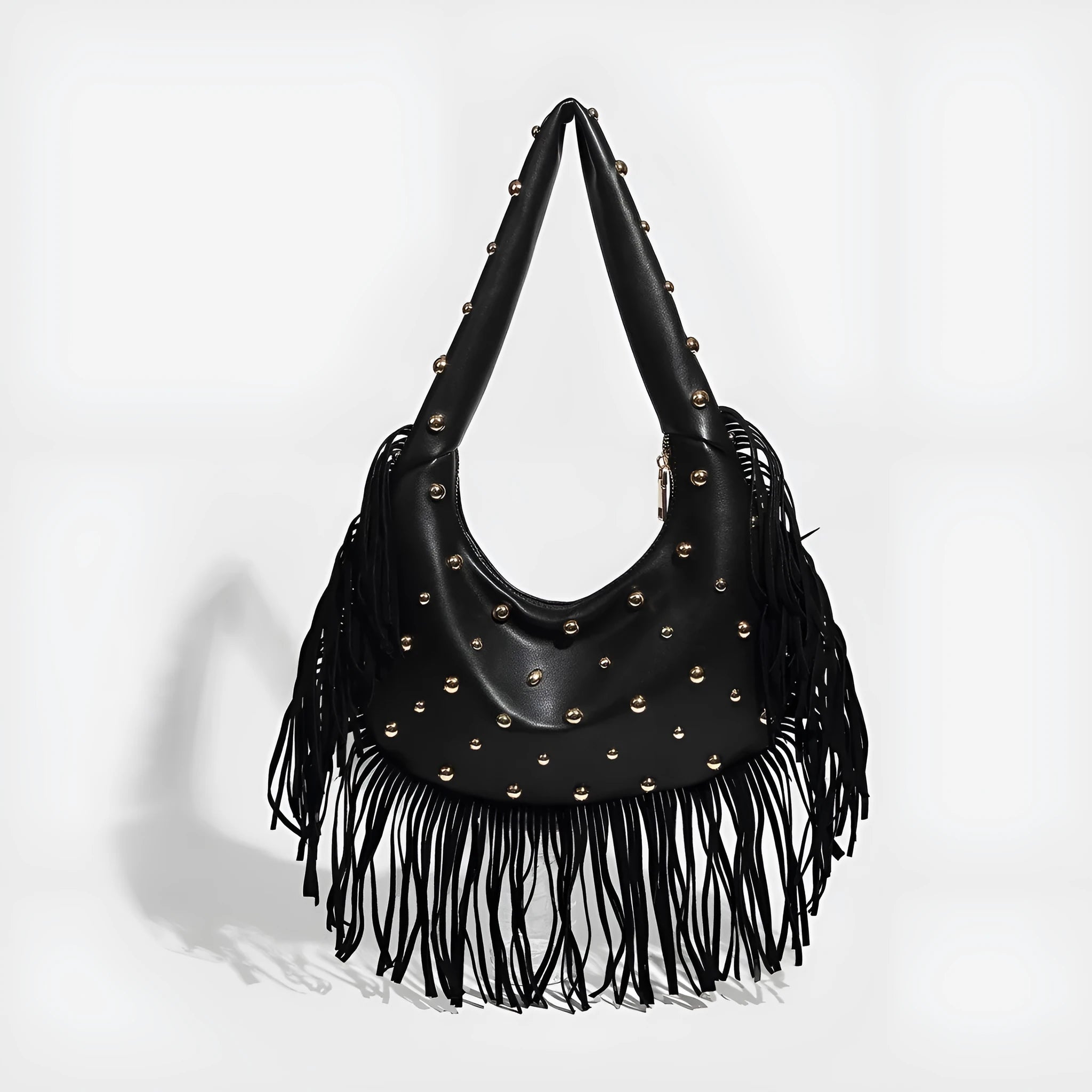Retro black tassel shoulder handbag with mobile phone pocket showing decorative detailing