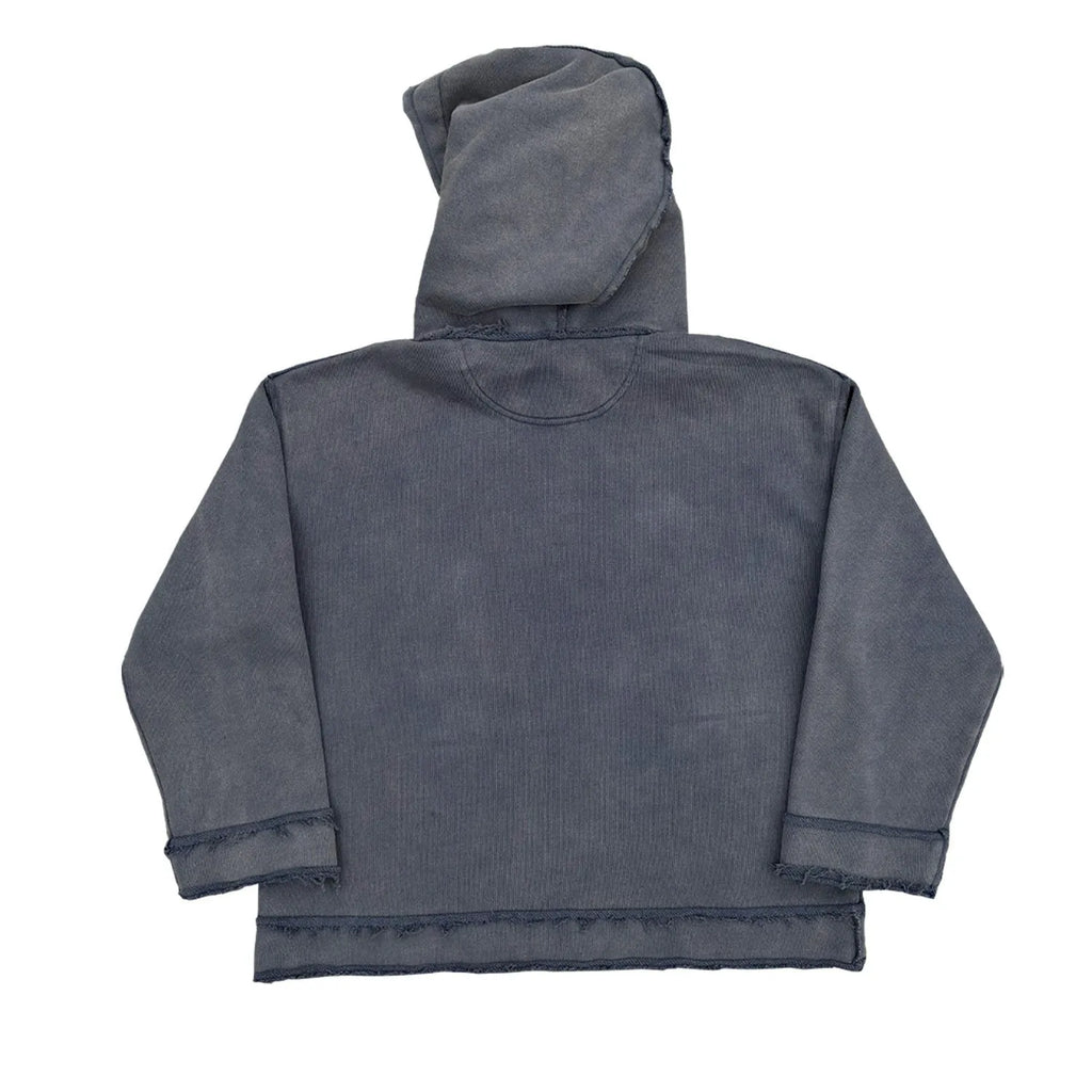 Dark blue hoodie sweater showing front view with hood