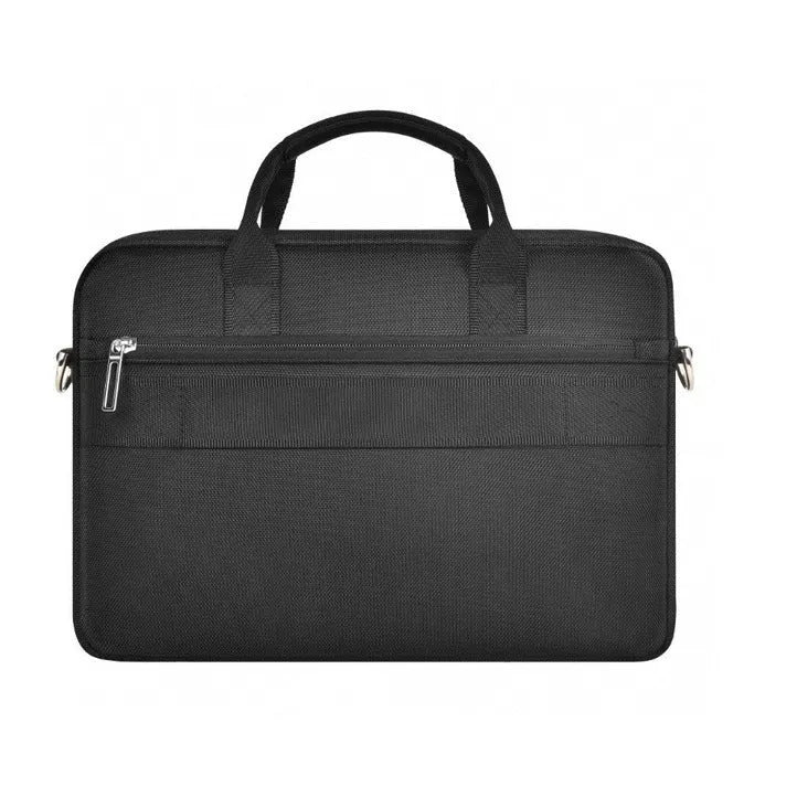 Black Oxford cloth laptop backpack showing multi-pocket organisation and a lock feature.