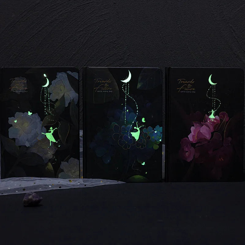 A5 notebook with luminous purple cover open to show pages filled with colour illustrations.