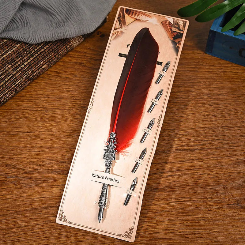 European retro vintage feather pen with zinc alloy shell in various colours measuring 30x13x4 cm