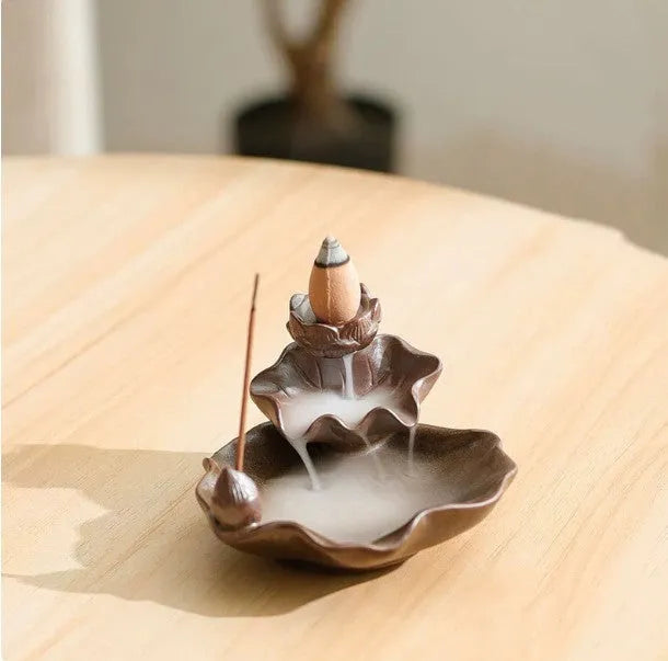 Purple clay ceramic incense burner with reverse flow design and crystal glaze decorations