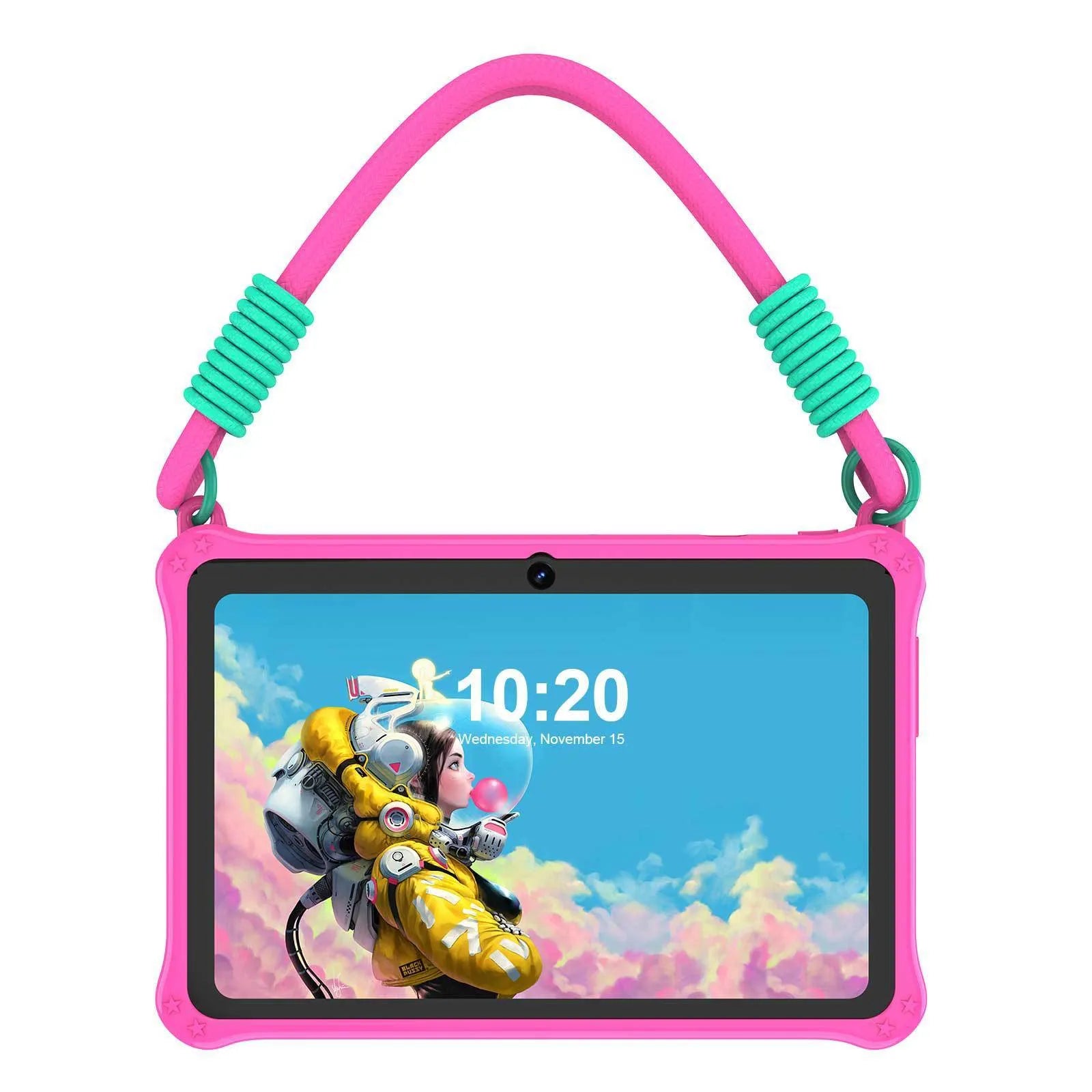 Sapphire blue silicone protective case for a 7-inch children's tablet, showing the integrated flat carry strap.