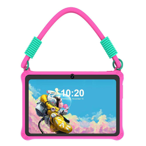 Sapphire blue silicone protective case for a 7-inch children's tablet, showing the integrated flat carry strap.