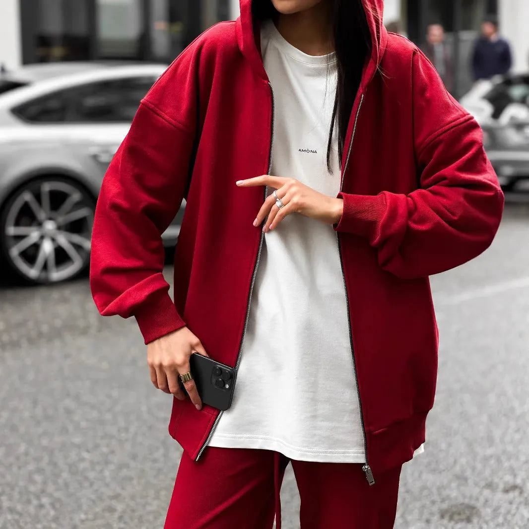 Red loose fit street style coat and trousers two-piece set with long sleeves