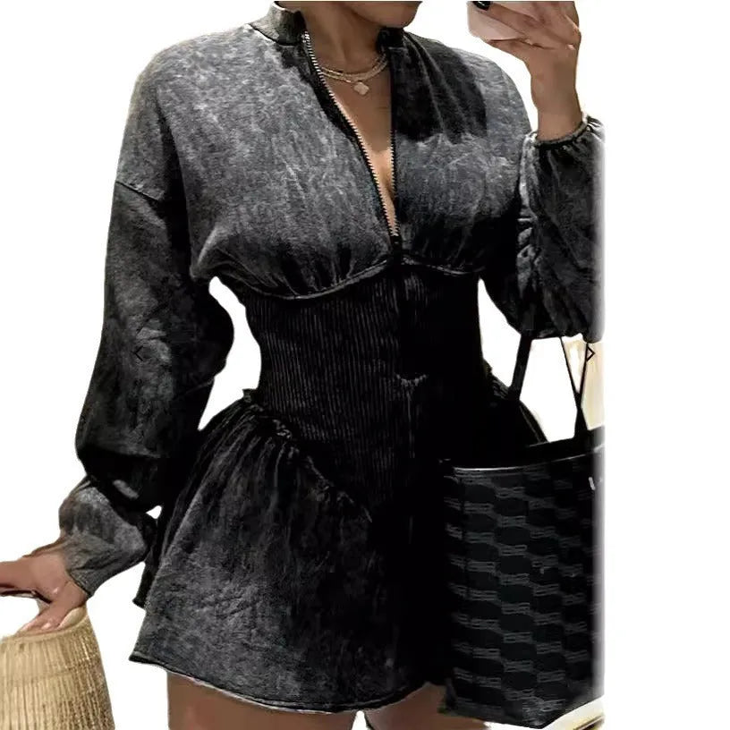Gray digital print women's A-line dress with a drawstring waist and long sleeves.