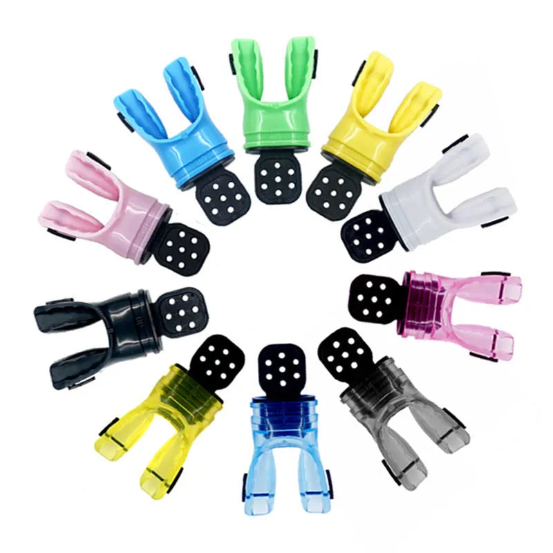 Plastic free edible silicone diving mouthpiece in multiple colours showing 110mm length.