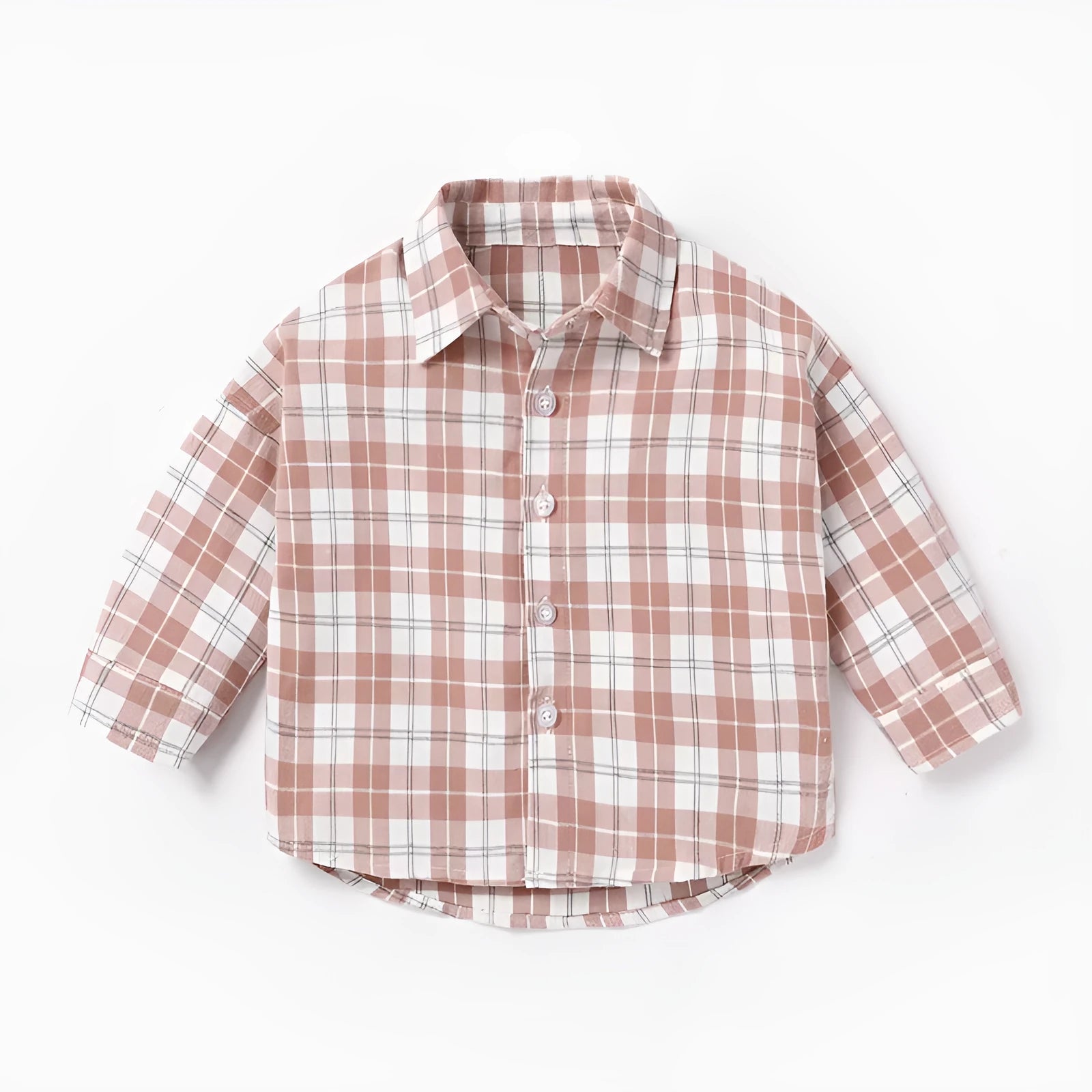 Boys' long sleeve cotton shirt with lattice and cartoon pattern in khaki colour.