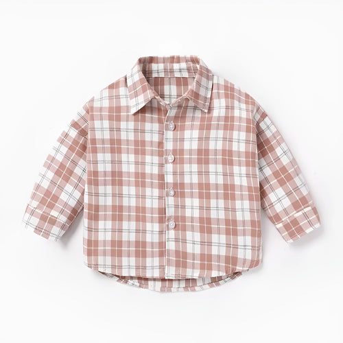 Boys' long sleeve cotton shirt with lattice and cartoon pattern in khaki colour.