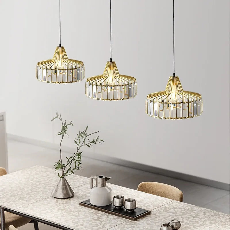 Modern black and gold crystal chandelier ceiling lamp with LED lights in various sizes.