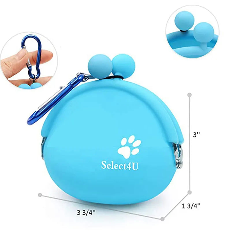 Yellow silicone dog training treat bag with hook-and-loop fastening showing 9x9.5cm dimensions
