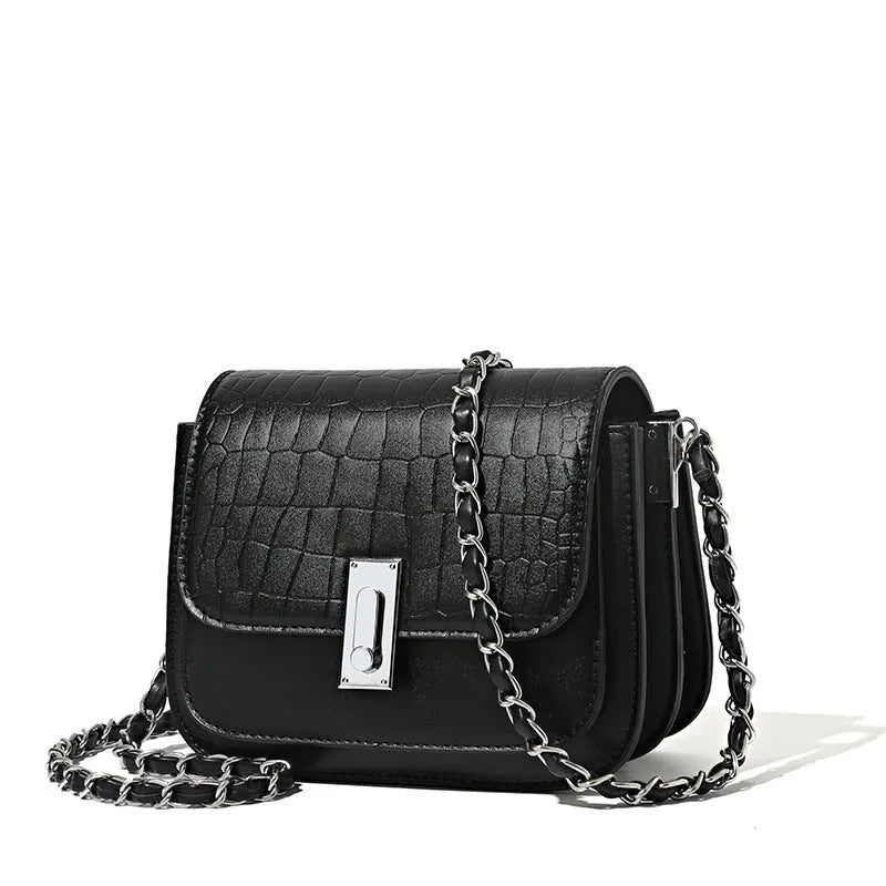 Women's soft black PU square shoulder bag with chain strap and external pocket