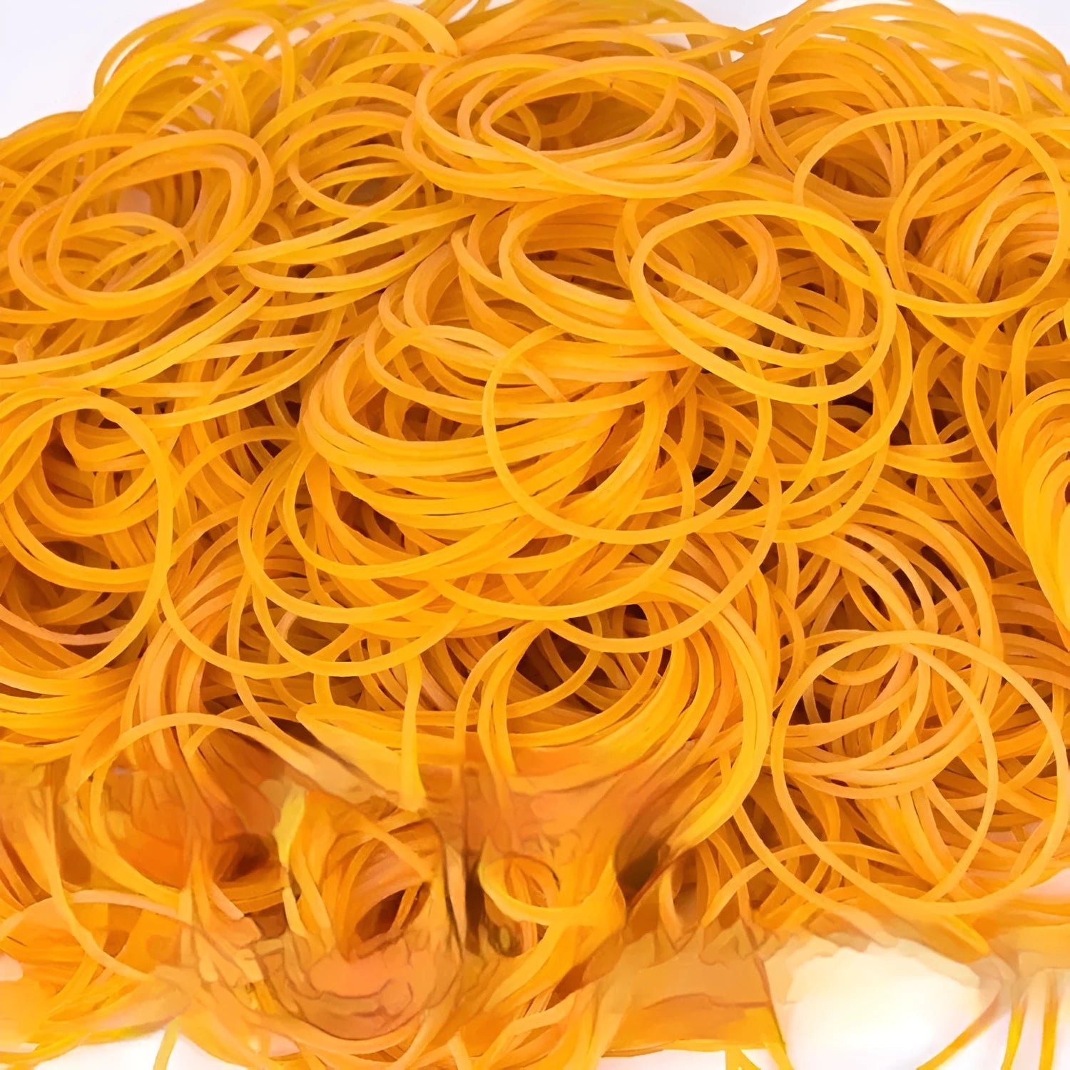 500g pack of assorted yellow rubber bands in sizes from 16mm to 70mm diameter