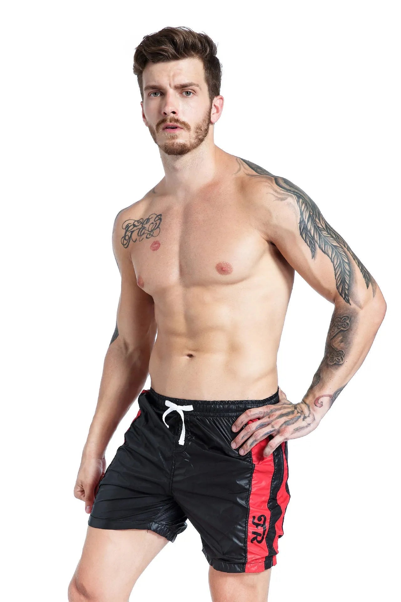 Men's blue sports shorts with lace-up closure and slim fit design for running and casual wear
