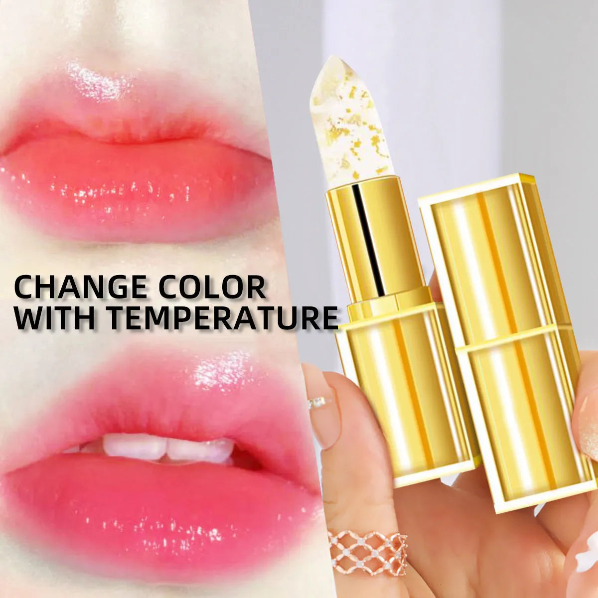 Tube of gilding warm colour-changing anti-smudge lipstick on a peach background.