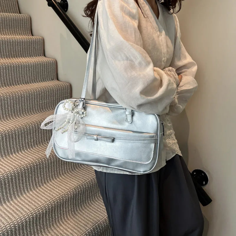 PU leather single-shoulder flap bag in urban simplicity style with bow stitching decoration