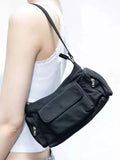 Black lightweight women's shoulder bag with double pockets and a side line design.