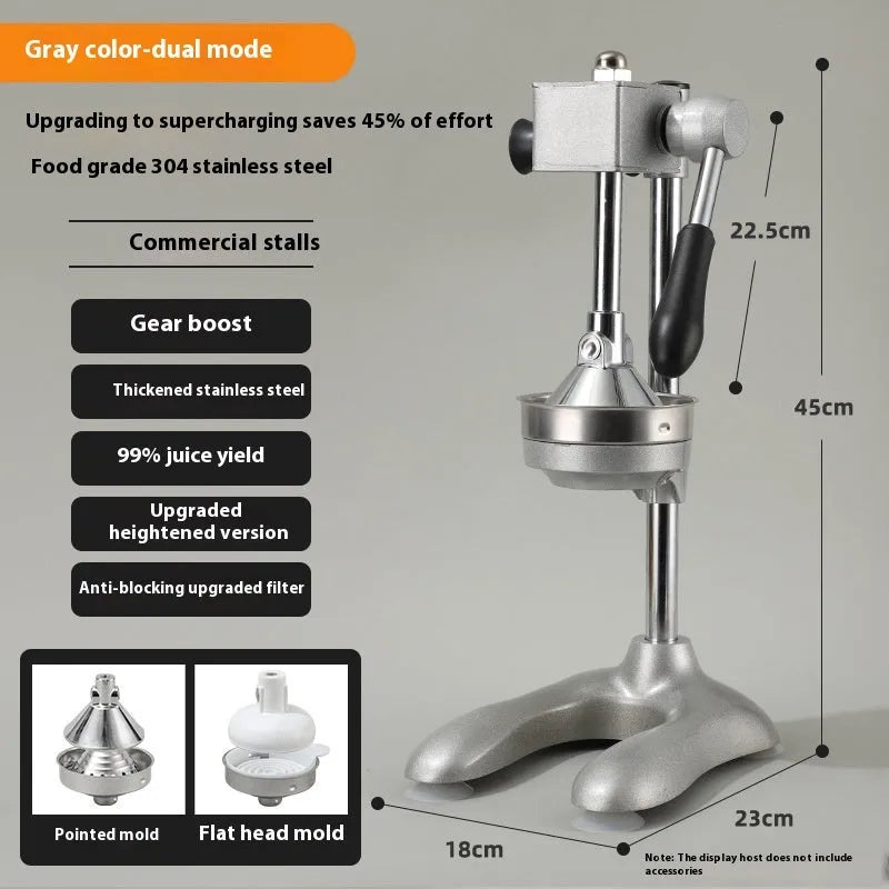 Vertical stainless steel manual juicer with zinc alloy base in choice of colours with pointed, flat or double head options