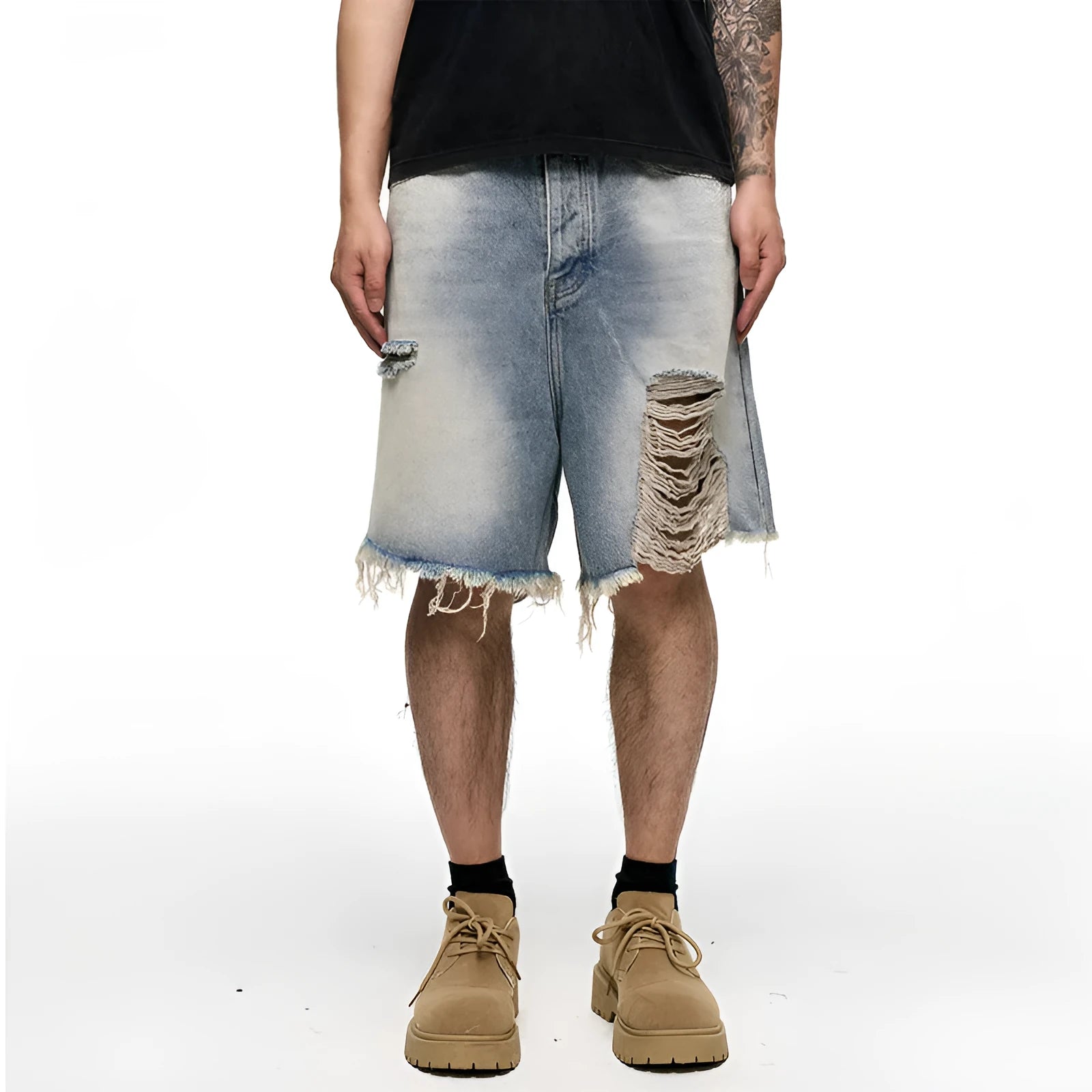 Men's light blue baggy denim shorts with wide leg design and mid waist