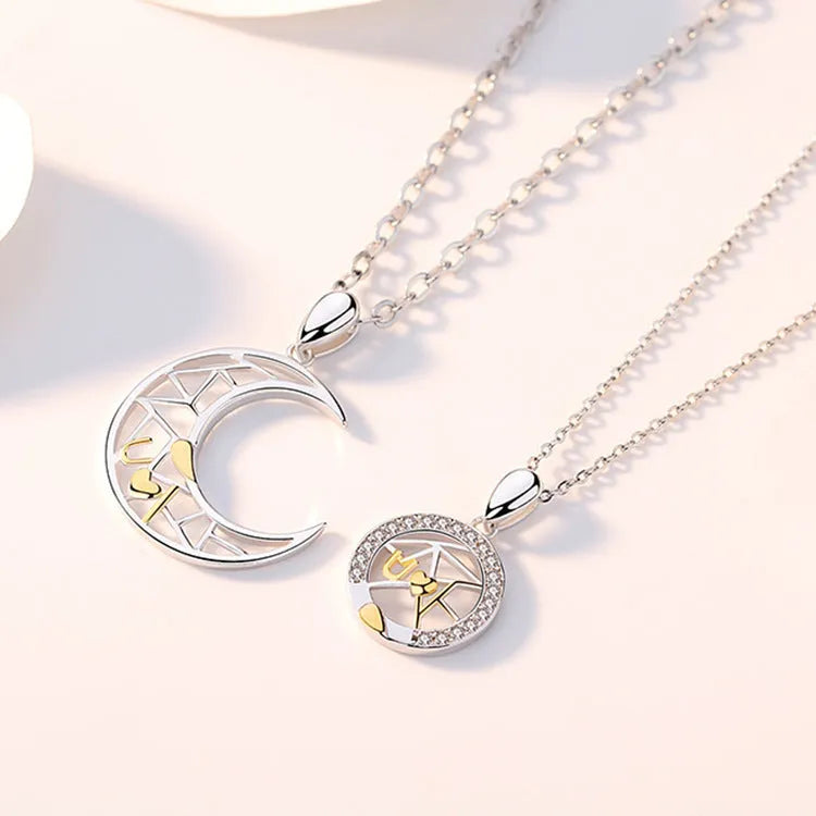 Sun moon tooth couple necklace with copper pendants and cross chain