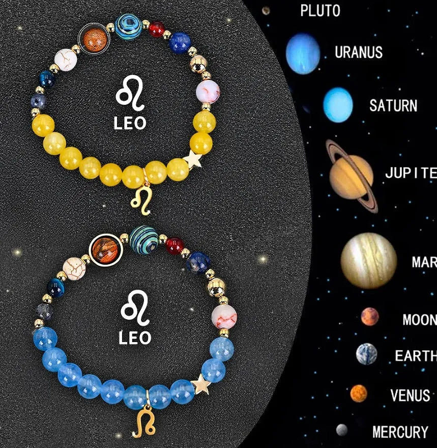 Twelve zodiac sign natural stone beaded bracelet set showing adjustable design and astrological symbols