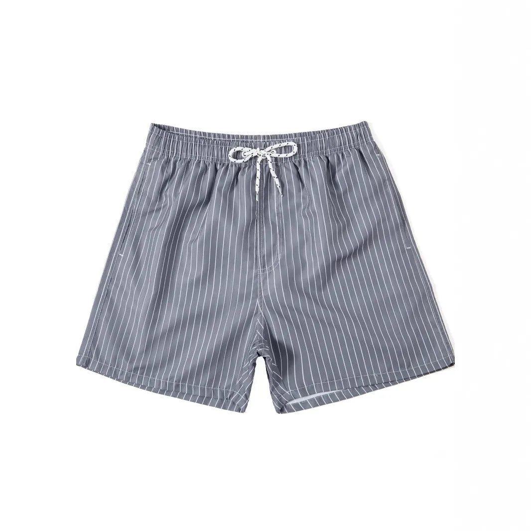 Polyester fibre striped beach shorts with straight leg opening and triangle lining design in multiple colours