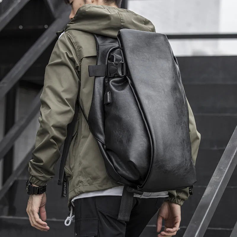Korean men's PU leather shoulder bag black with car suture stitching cover flap square section