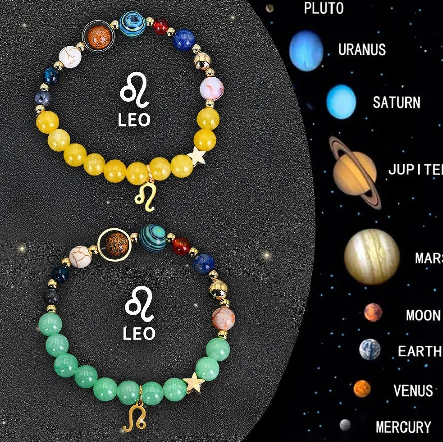 Set of twelve natural stone zodiac bracelets showing detailed astrological charms on stretch cords
