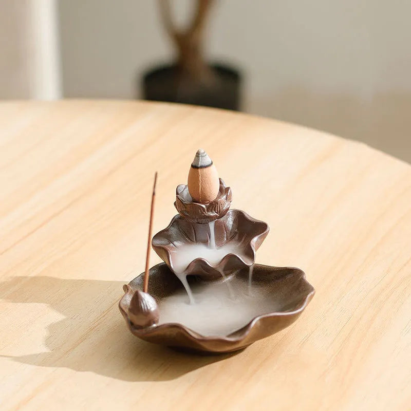 Purple clay ceramic incense burner with reverse flow design and crystal glaze decorations