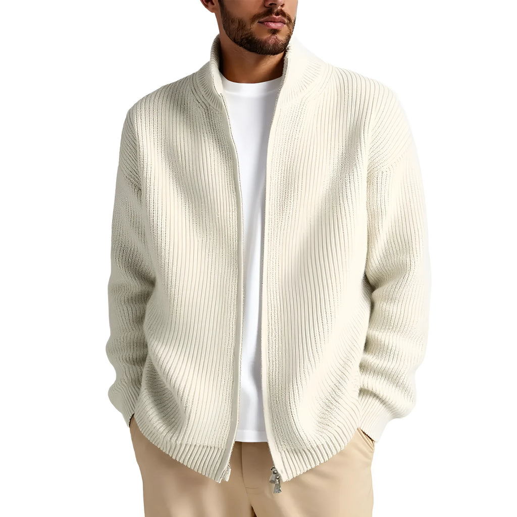 Man wearing a loose grey men's cardigan sweater, a casual acrylic knitwear piece for leisure.
