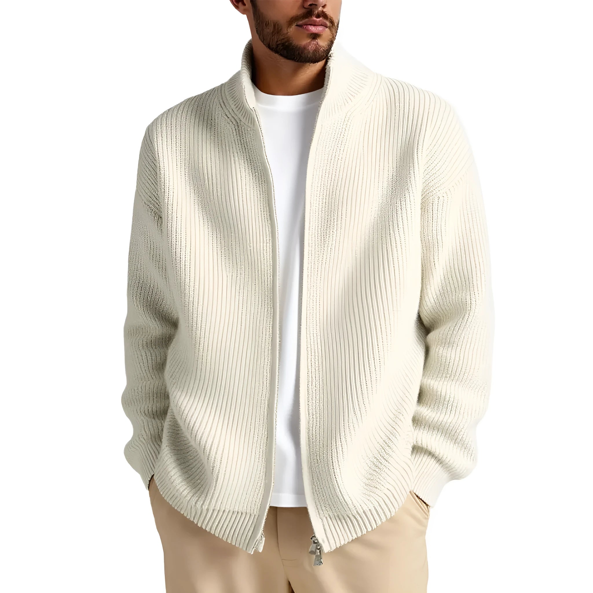 Man wearing a loose grey men's cardigan sweater, a casual acrylic knitwear piece for leisure.