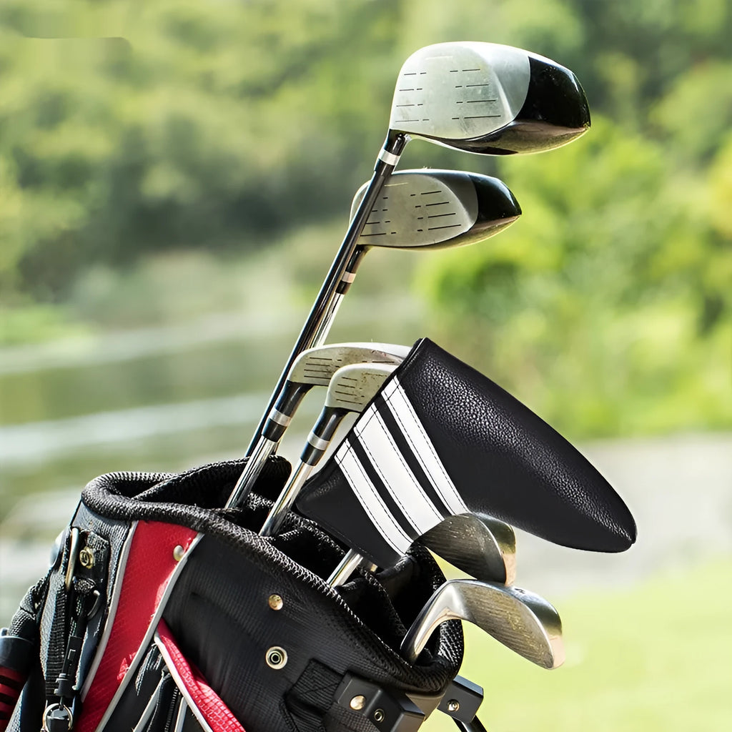 Black PU leather golf head cover case with zippered closure for push rod protection
