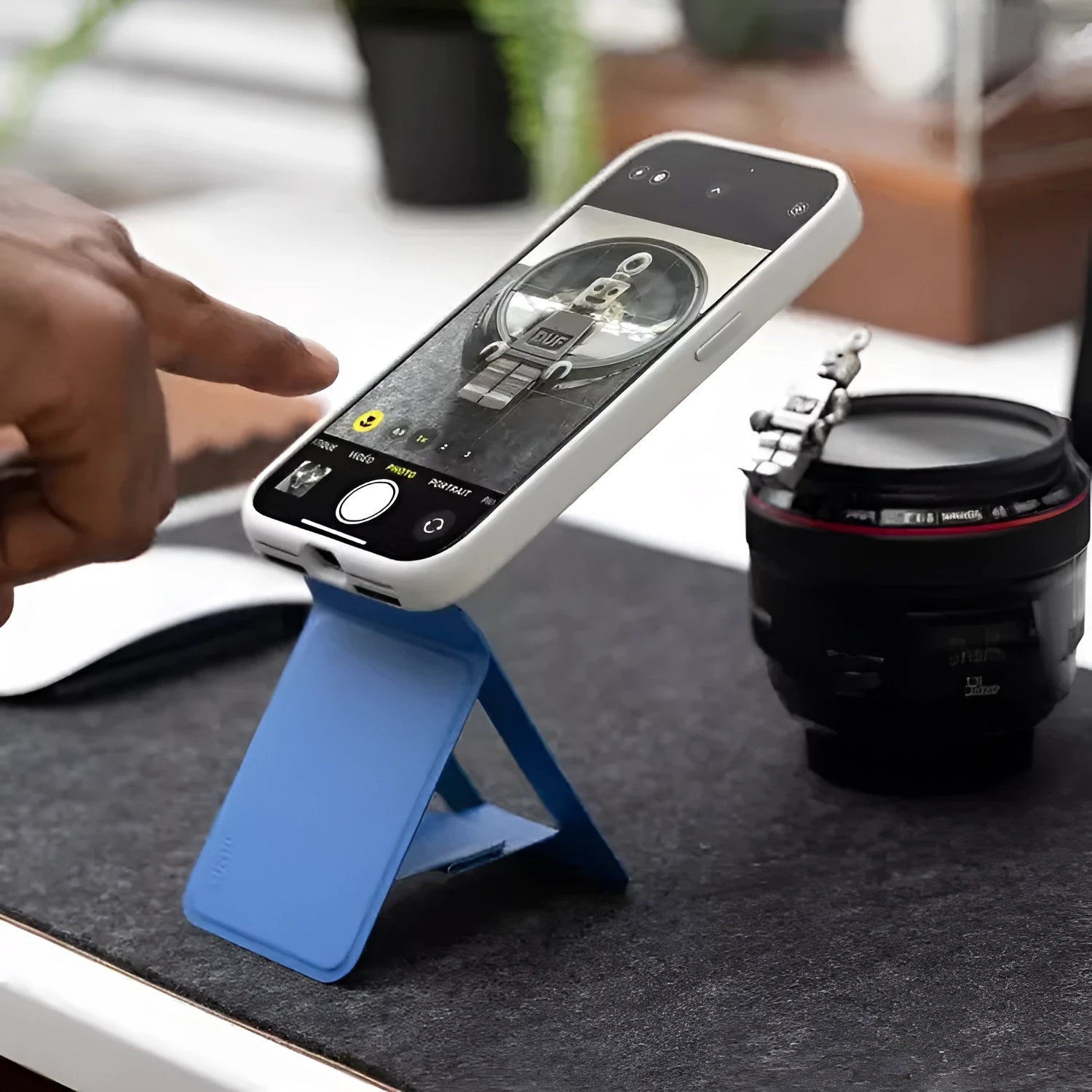 Magnetic mobile phone holder case with stand in black, blue, green, or grey colours showing dimensions