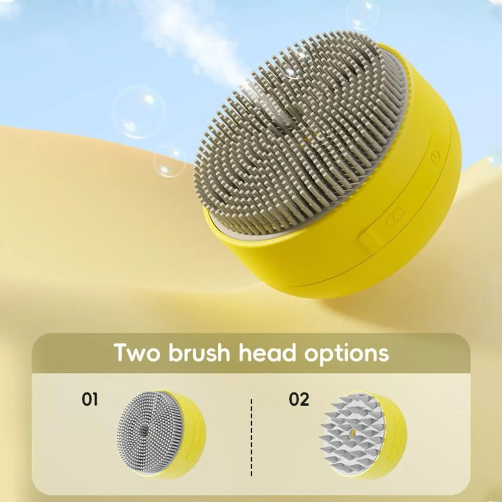 Rechargeable green and yellow silicone steam brush for cat and dog grooming.