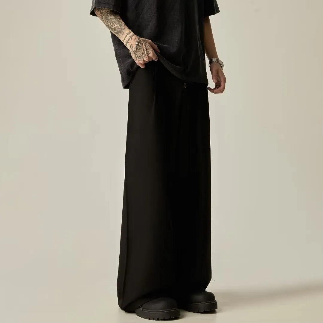 Men's black straight-leg casual trousers with elasticated waistband and polyester cotton blend fabric