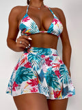 Big flower leaf print three piece swimsuit bikini set in polyester fabric