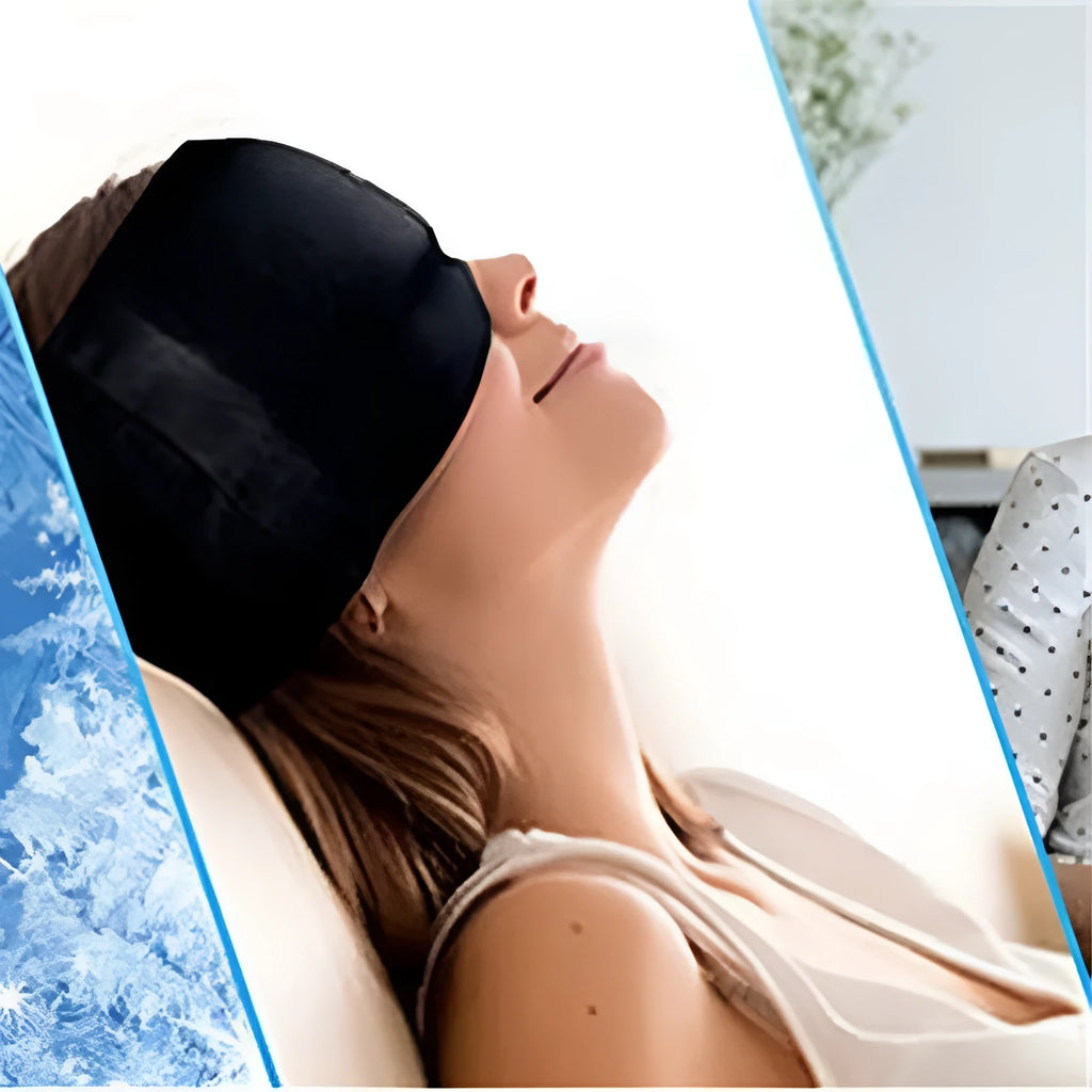 Cold therapy gel eye mask for headache relief in black colour on forehead