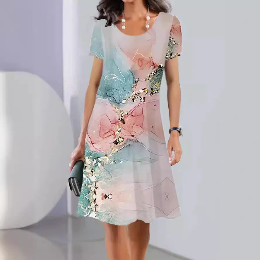 Floral print ice silk mid-length summer dress with short sleeves and round neck