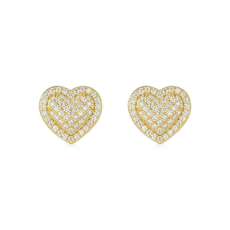 Golden heart-shaped moissanite stud earrings on S925 silver with gold plating