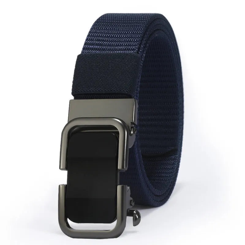 Men's nylon canvas belt with an alloy buckle shown in army green colour with a silver buckle.