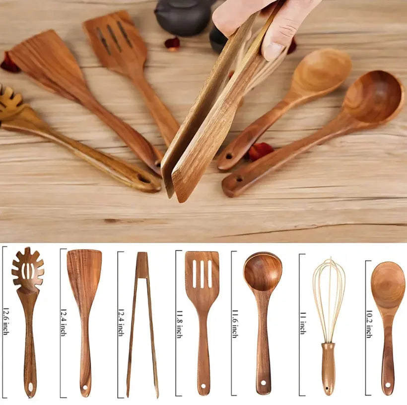 Seven-piece wooden cooking utensil set with spoon and shovel designs for non-stick pans