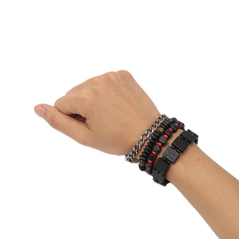 Retro woven alloy beaded bracelet set of 4 in four colours, unisex handmade design