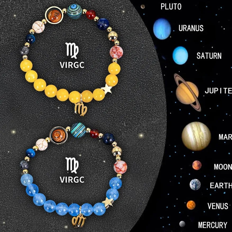 Twelve zodiac sign natural stone beaded bracelet set showing adjustable design and astrological symbols
