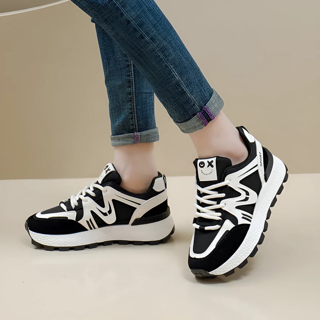 Women's black artificial PU platform casual shoes with round toe and lace-up front.