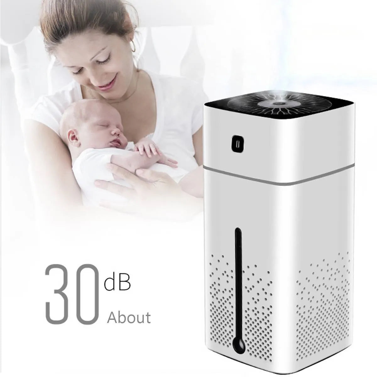Black and white desktop humidifier measuring 103mm x 103mm x 218mm with 1000ml water capacity