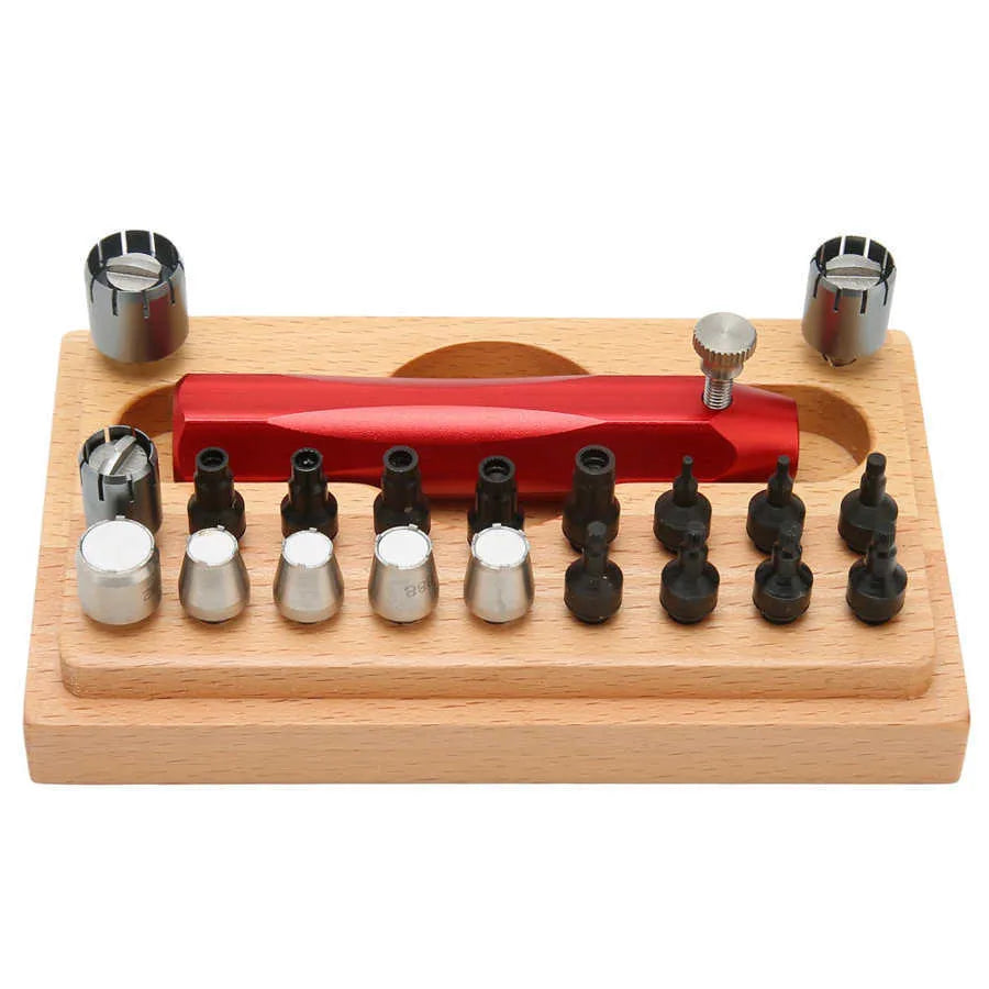 20-piece steel watch repair tool kit with extracting and opening tubes on a work surface.