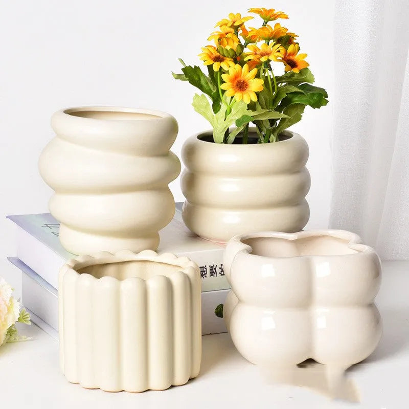 Roman column design matte yellow ceramic flower pot for indoor plants