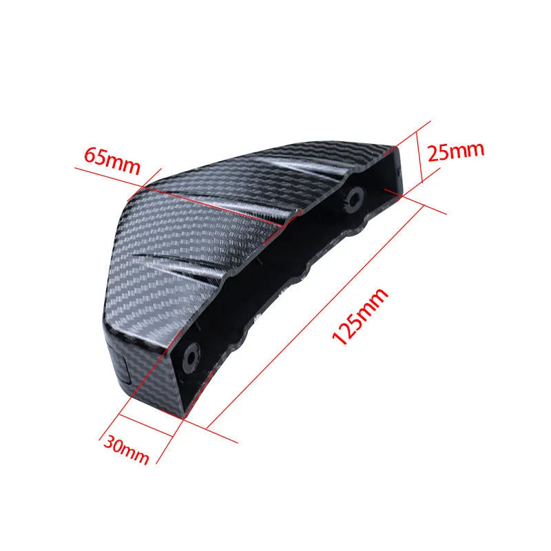 Black ABS plastic triangular car rear spoiler with mounting hardware on a white background.