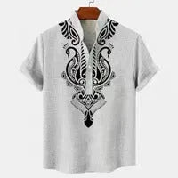 Men's striped loose fit casual shirt with personalised buttons on a hanger.
