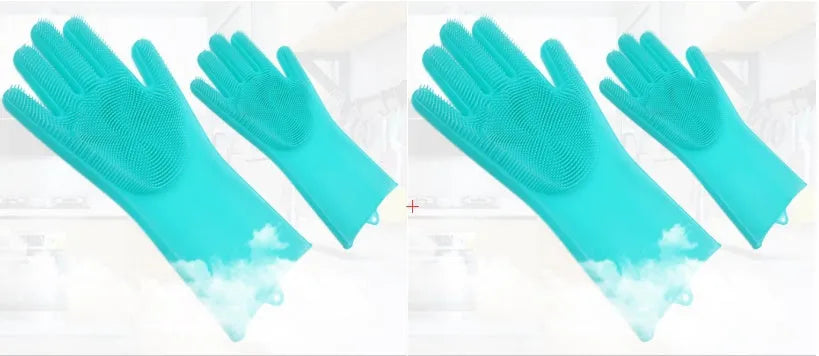Silicone cleaning gloves with textured scrubbing surface in assorted colours